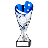 SILVER/BLUE PLASTIC 'SABRE' CUP ON BLK MARBLE ASSEMBLED TROPHY (1" CEN) - 6.75in